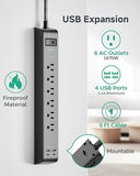 2 Pack Surge Protector Power Strip with 6 Outlets 4 USB Ports 5FT Extension Cord