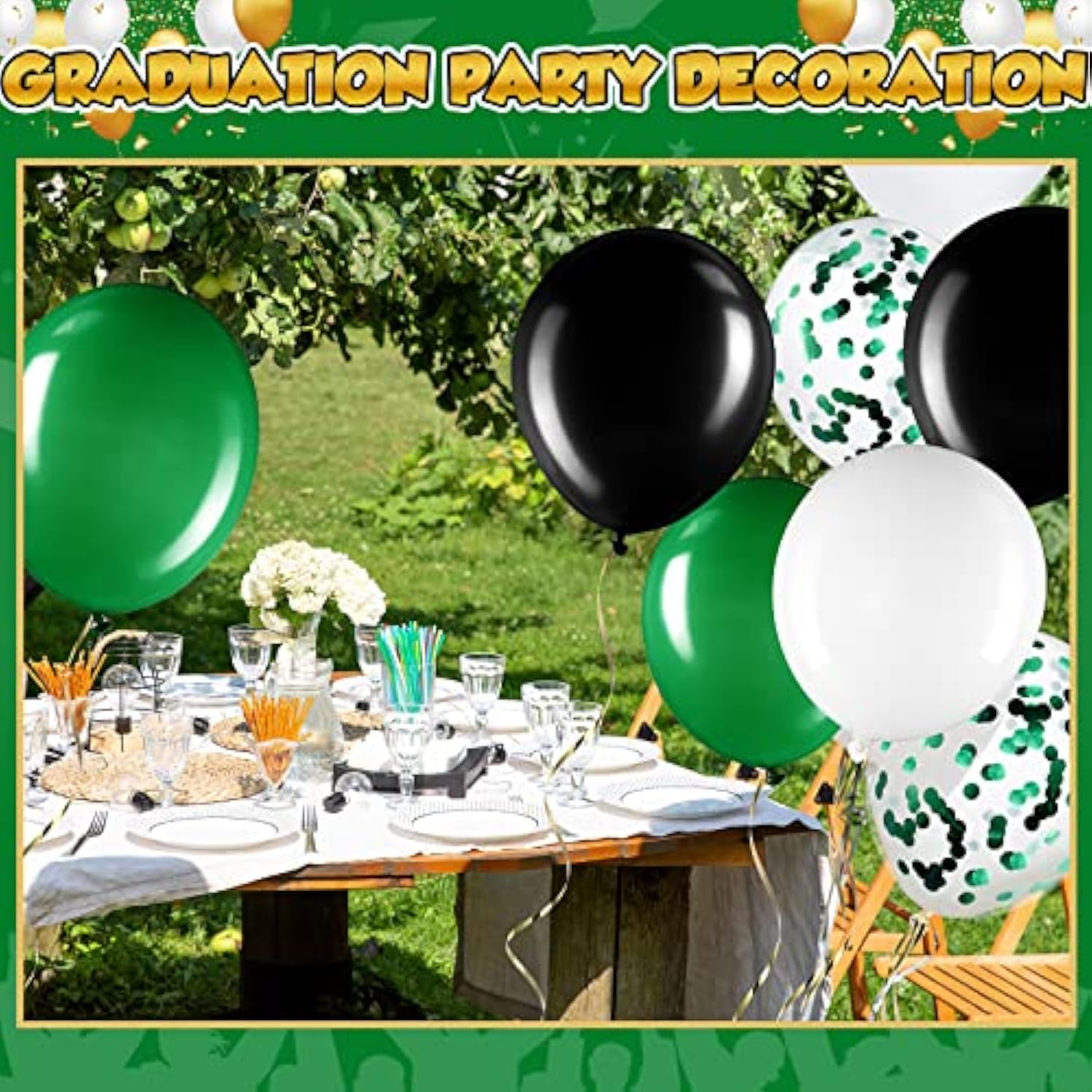 60 Pcs 12 Inch Balloons Kit Confetti Latex Metallic Balloons With 2 Rolls Ribbon Party Favor For Memorial Day, Birthdays, Fourth Of July, Halloween Decorations(Black, Green, White)