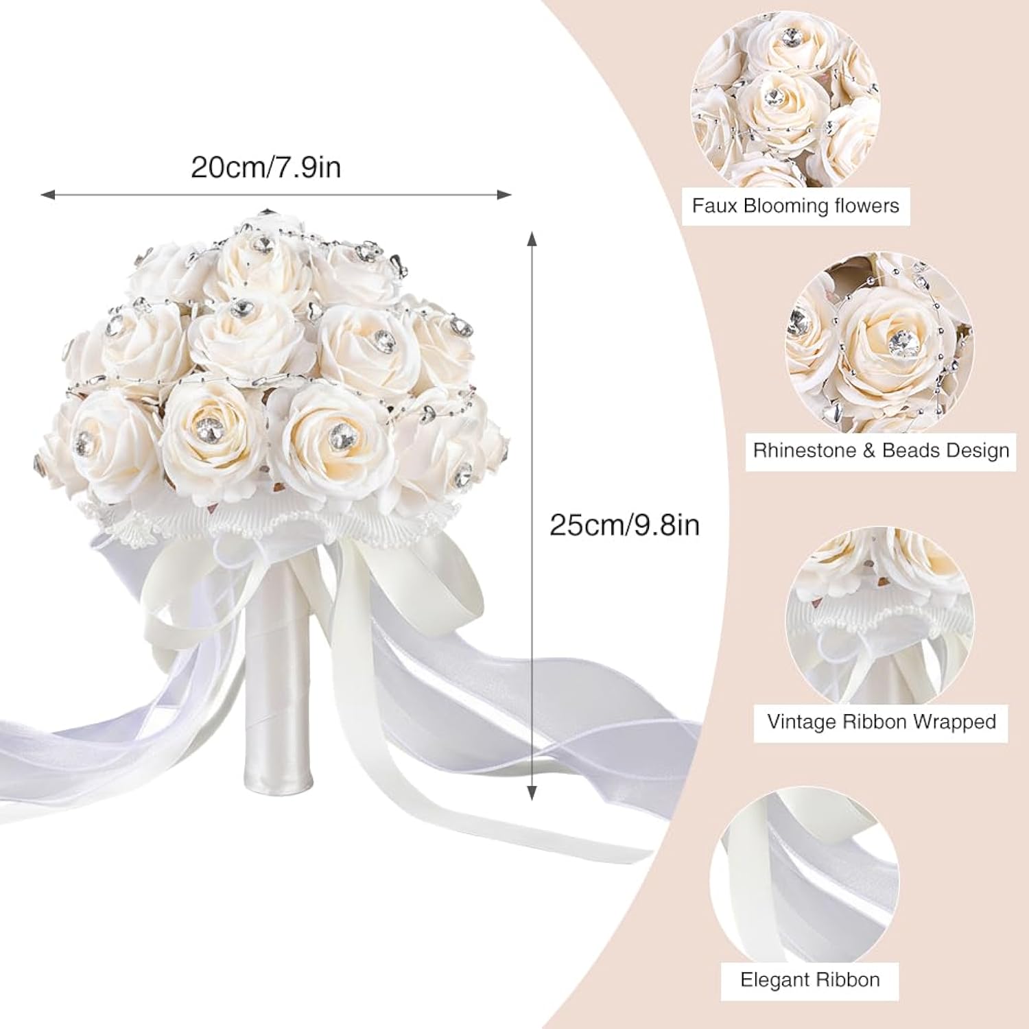 Wedding Bouquets For Bride, Rhinestone Wedding Flowers Bridal Bridesmaid Bouquets Artificial Flower With Silk Ribbon Light Champagne Toss Rose Holding Flower For Civil Ceremony Prom Party