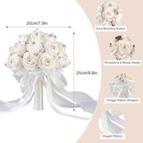 Wedding Bouquets For Bride, Rhinestone Wedding Flowers Bridal Bridesmaid Bouquets Artificial Flower With Silk Ribbon Light Champagne Toss Rose Holding Flower For Civil Ceremony Prom Party