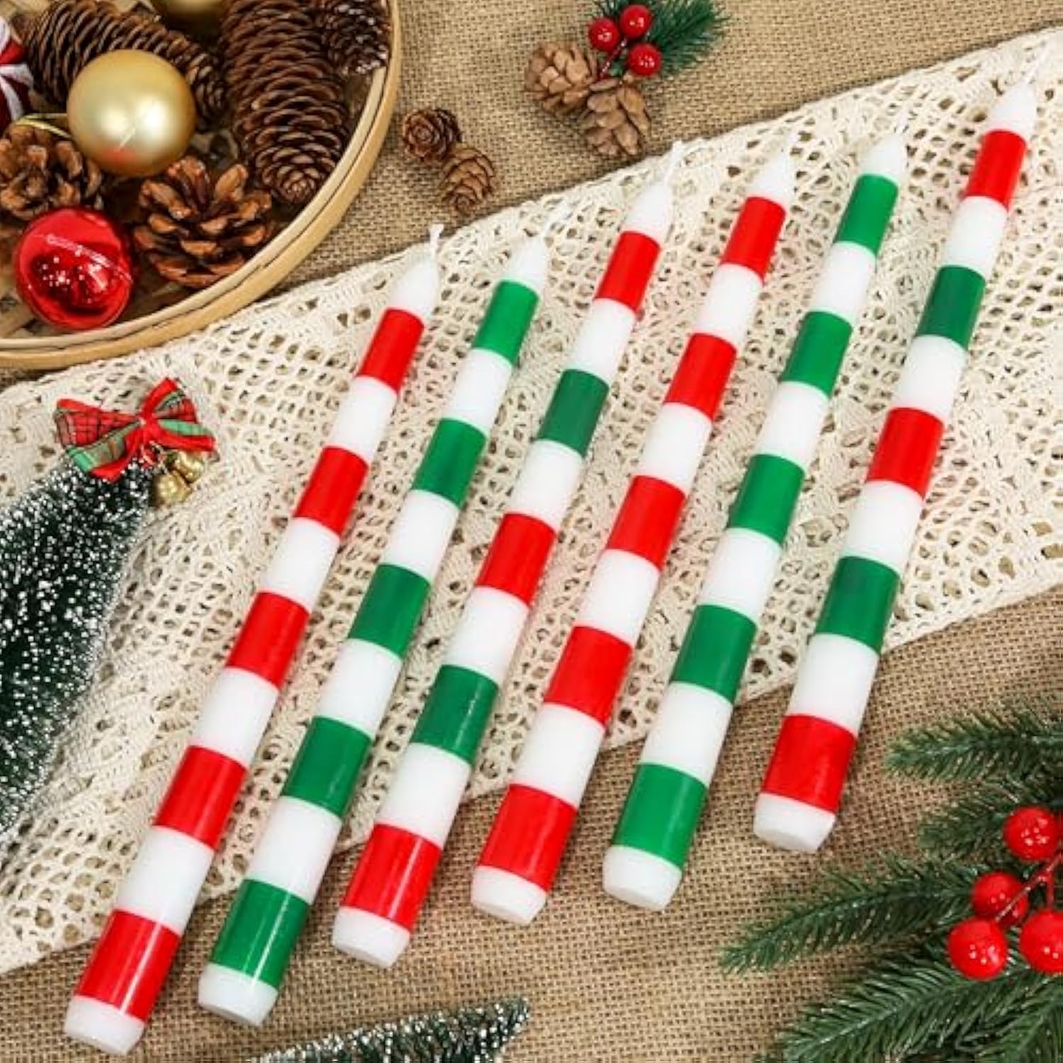 2 Pack Christmas Taper Candles, 10 Inch Unscented Candlesticks With Red And Green Stripe Design For Holiday Table Centerpiece, Fireplace Mantel, Winter Weddings, Advent Wreaths, Seasonal Decor