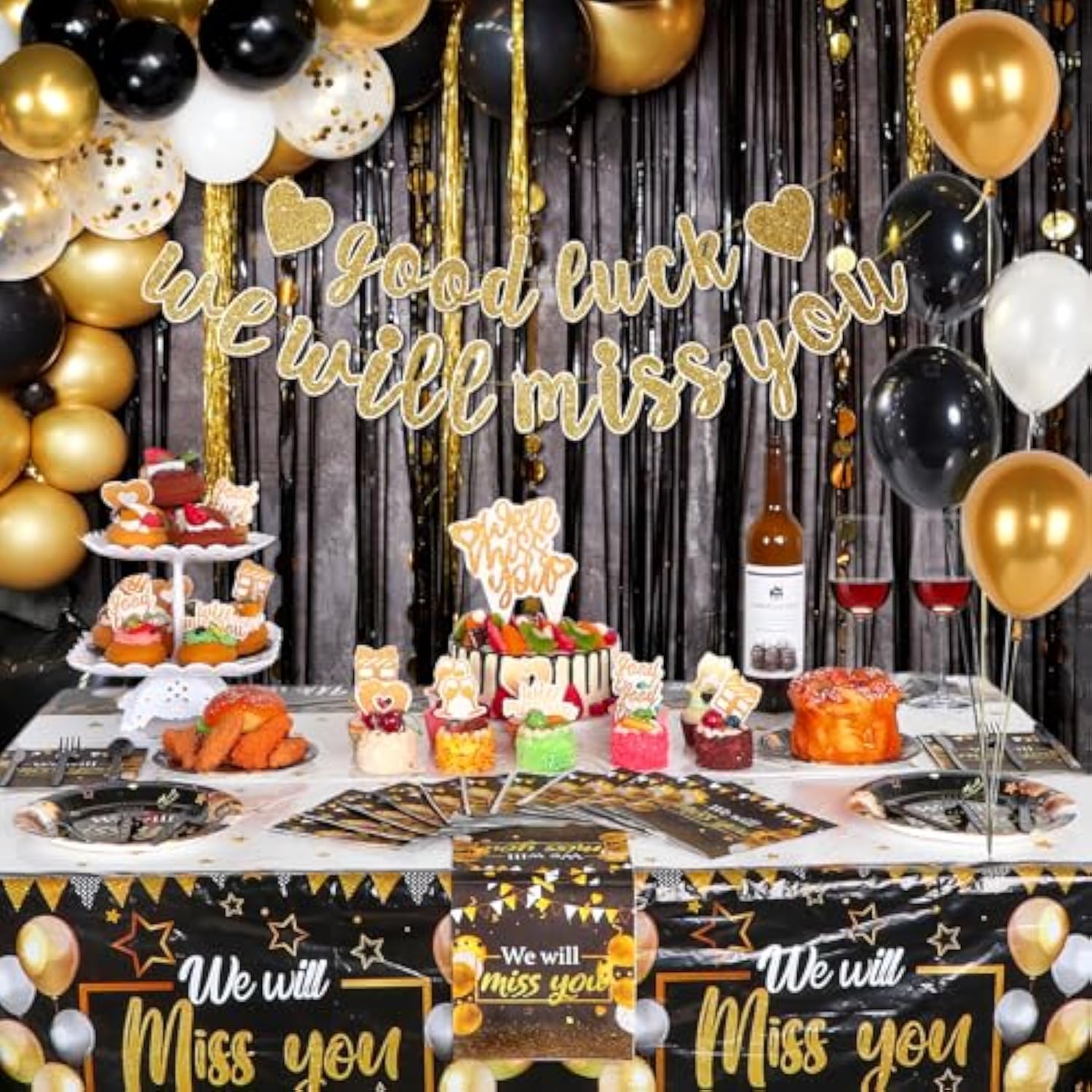We Will Miss You Decorations, Going Away Party Decorations, Farewell Decorations Party Includes Black & Gold Balloons, Backdrop, Banner, Tablecloth, Plates, Napkins, Cake Toppers For Retirement