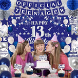 Blue & Silver 13th Birthday Decoration Set: Banner, Balloons, Cake Toppers