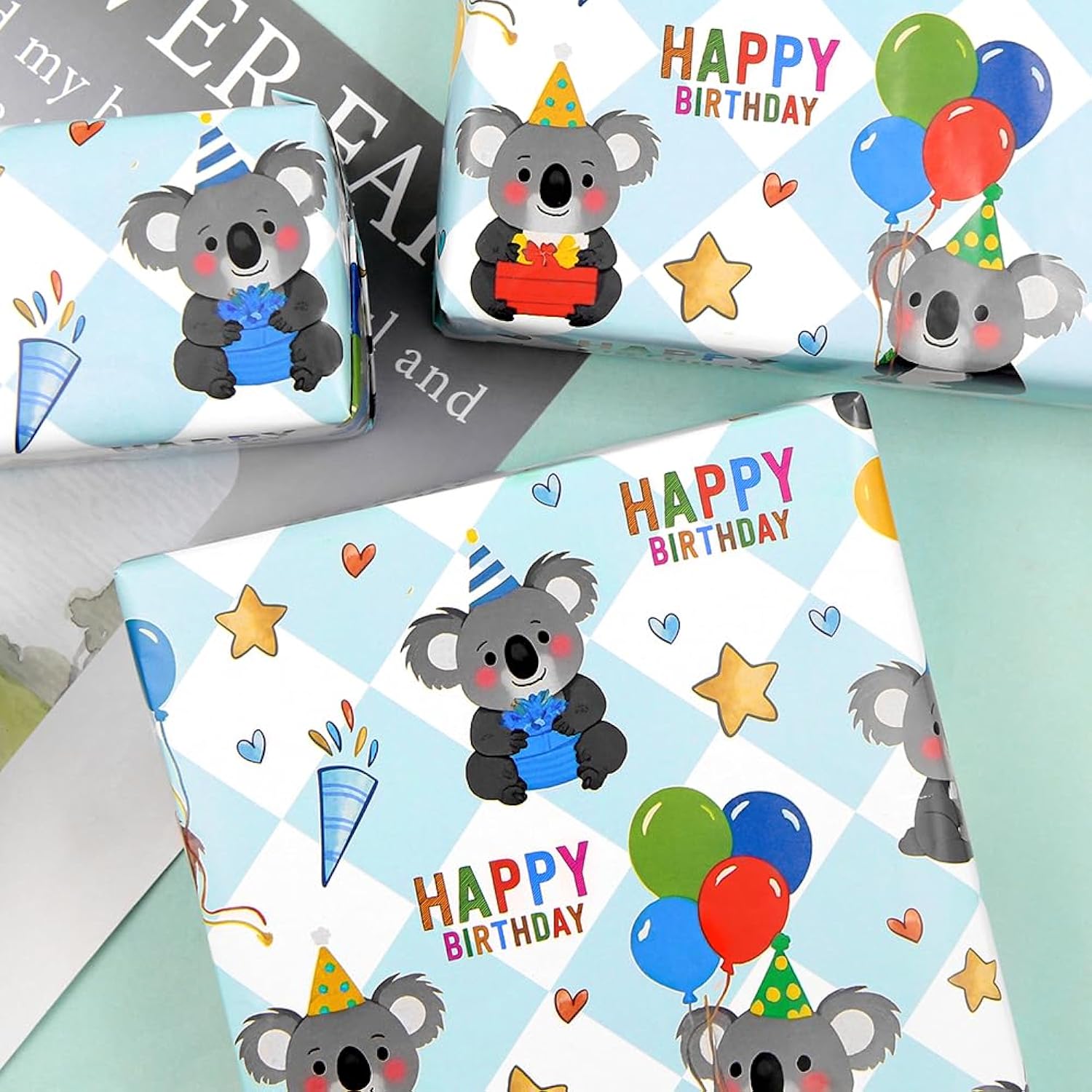 Koala Wrapping Paper Happy Birthday Wrapping Papers, Cute Koala Balloons And Gifts Printed On Blue White Checkered Background Gift Wrap Paper - 4 Sheets Folded Flat - For Birthday, Holiday, Wedding, Baby Shower Wrap