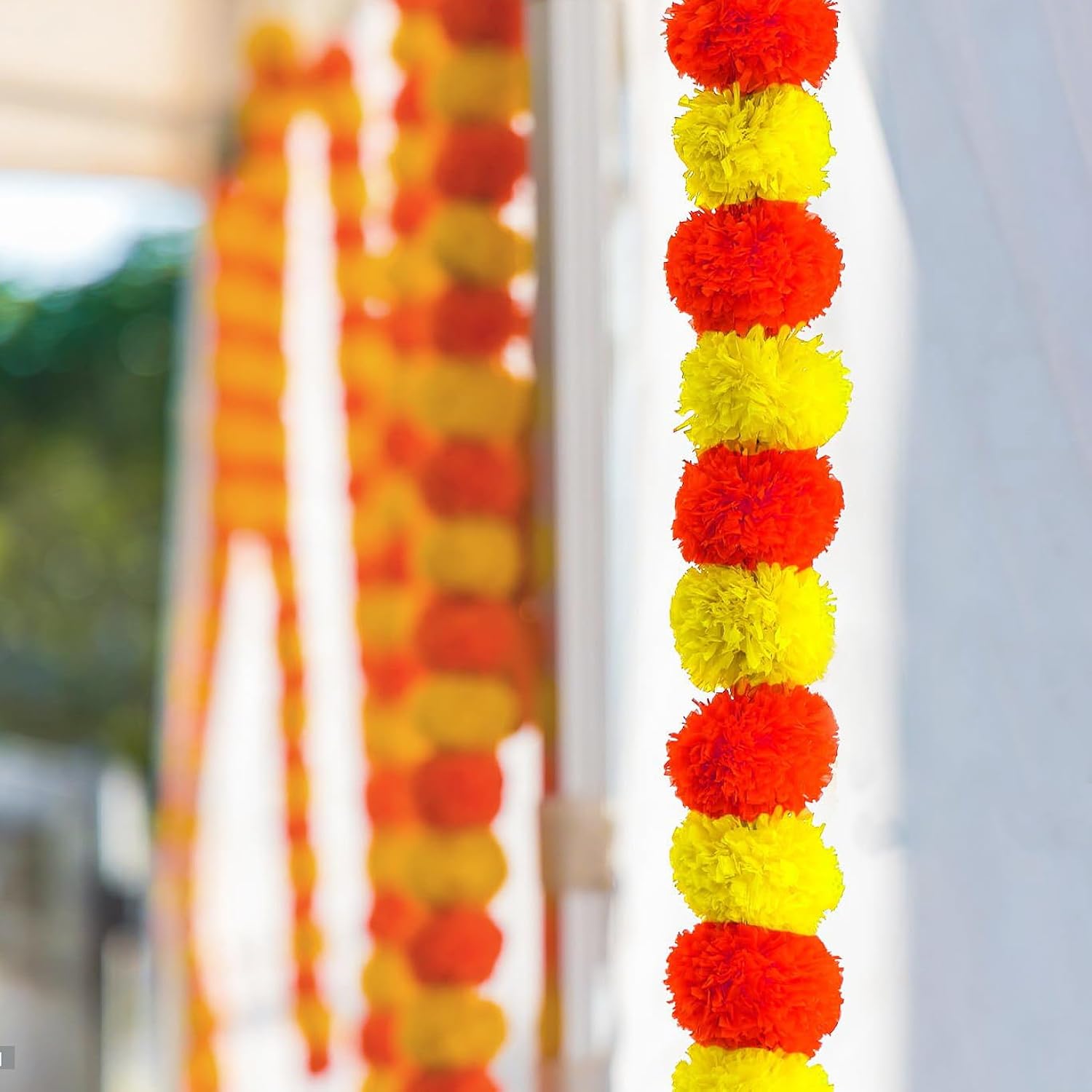 Marigold Garland For Decoration,5 Pcs Of 5-Feet Long Artificial Flower Garlands,Indian Décor For Pooja, Wedding, Halloween, Diwali,(Yellow & Red)