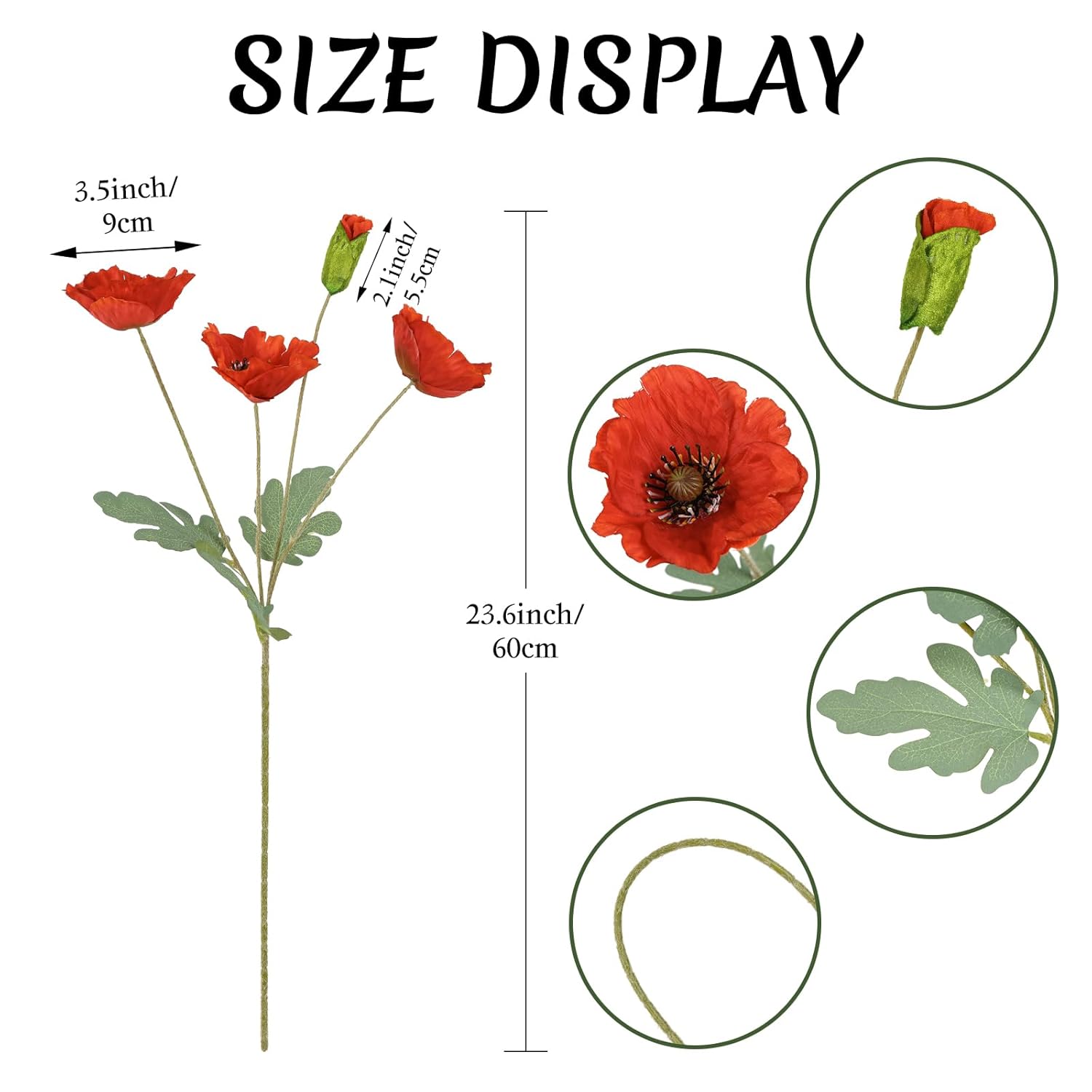 Red Poppy Flowers Artificial 5Pcs 20Heads Fake Poppies Realistic Faux Silk Flowers With Stems For Vase Centerpiece Wedding Party Garden Home Decoration (Red)