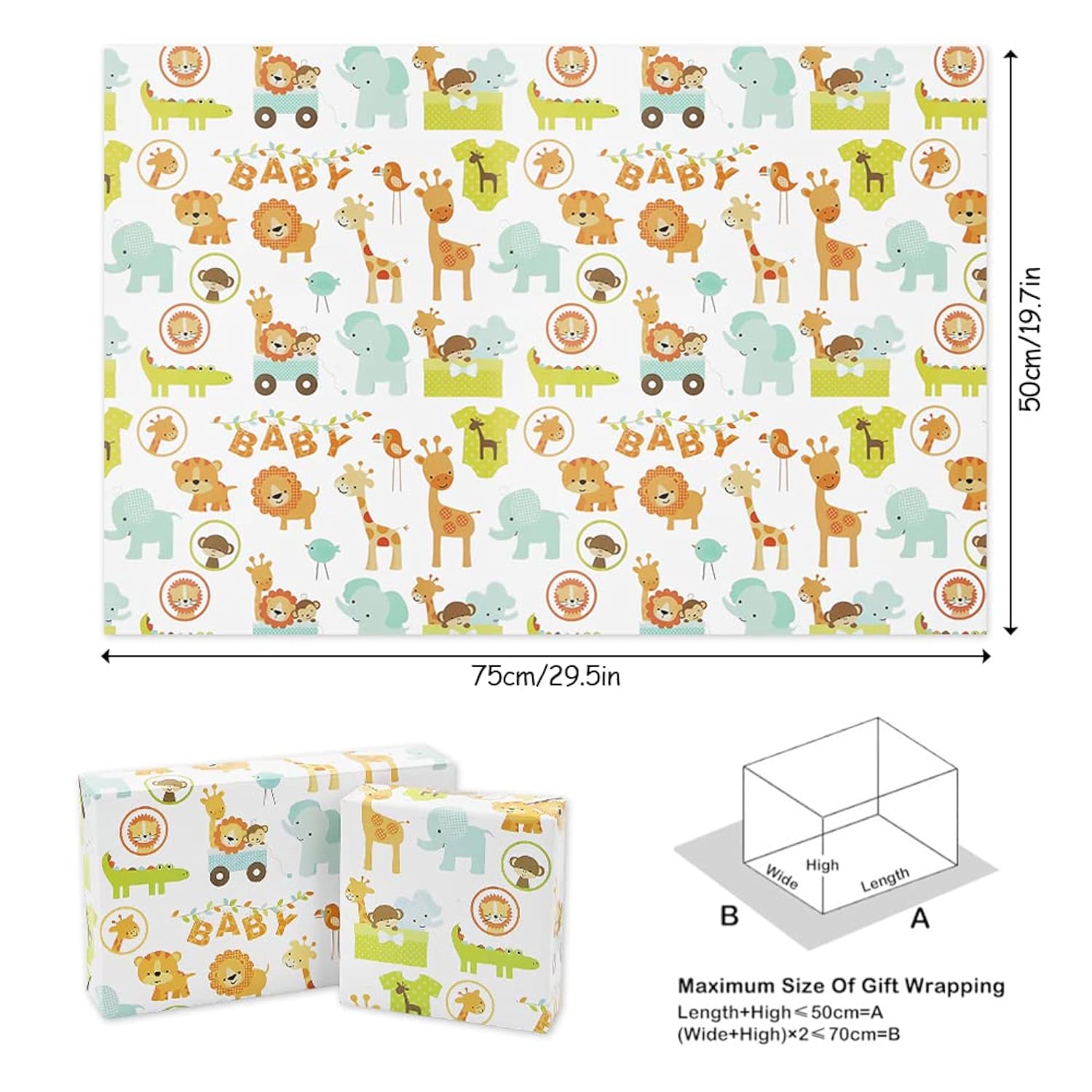 Gift Wrapping Paper For Baby Infant Boys Girls, Forest Animals Lion Giraffe Elephant Monkey Crocodile Wrapping Paper Sheet For Baby Shower Birthday Kindergarten Newborn Children Kid