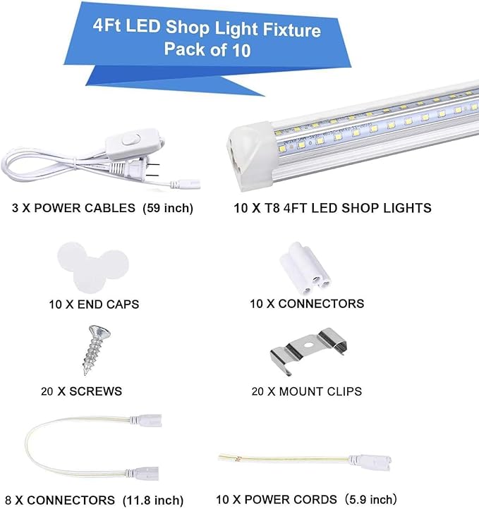 10 Pack 4FT LED Shop Lights 50W 8000LM 6500K Linkable Plug and Play T8 Fixtures