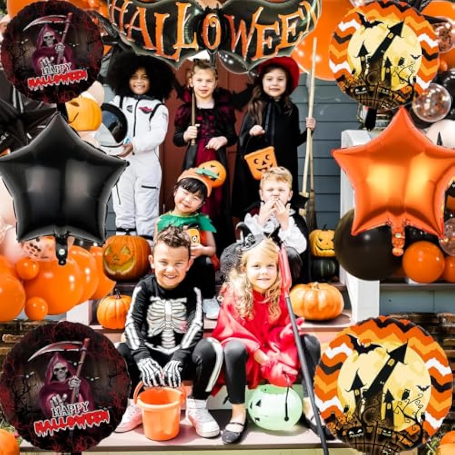 7PCS Halloween Balloon Set Bat Skeleton Castle Star Foil Balloons for Spooky Party Decor