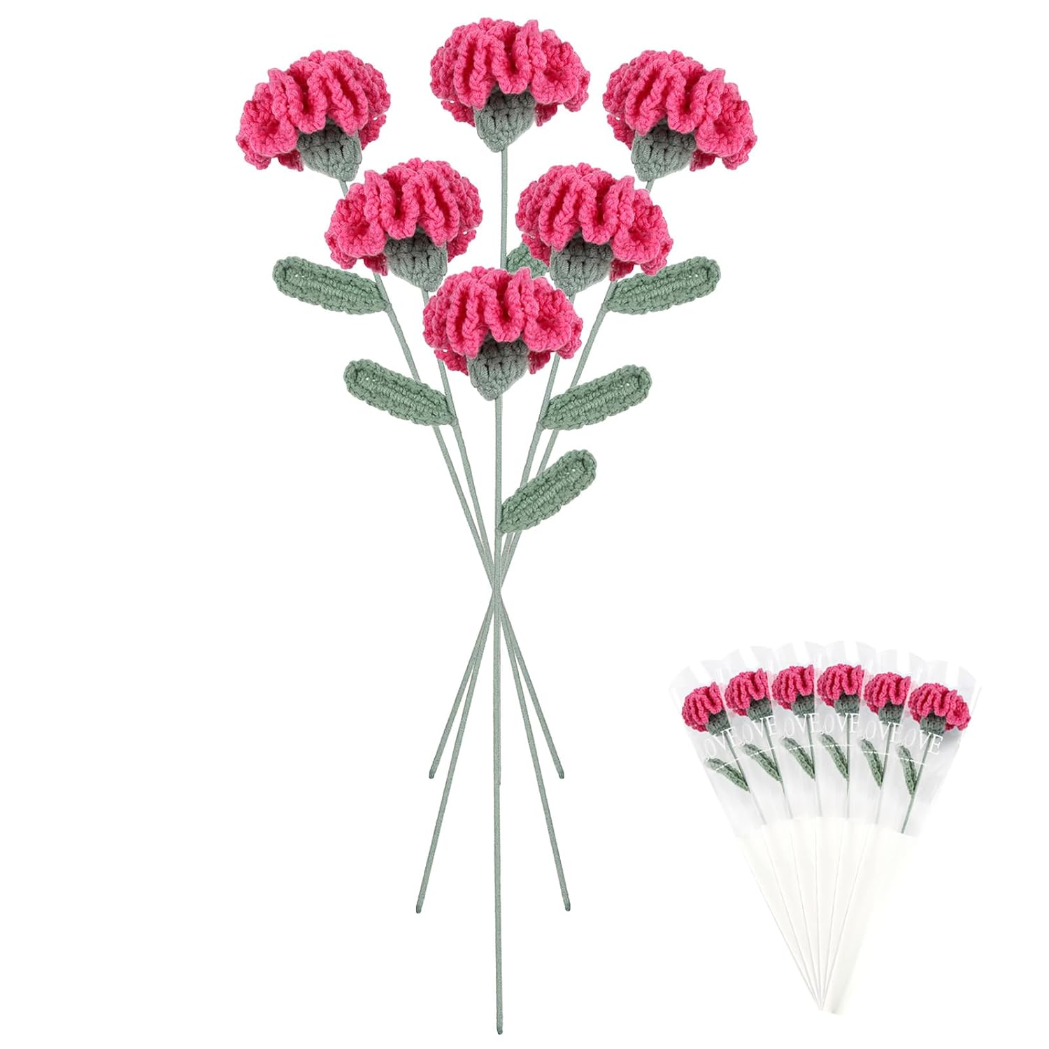 Crocheted Flowers Fake Carnations 6Pcs Hot Pink Artificial Flowers 16.9” Handmade Carnation Flowers With Bendable Long Stem For Vase Room Kitchen Table Decorations(Hot Pink)