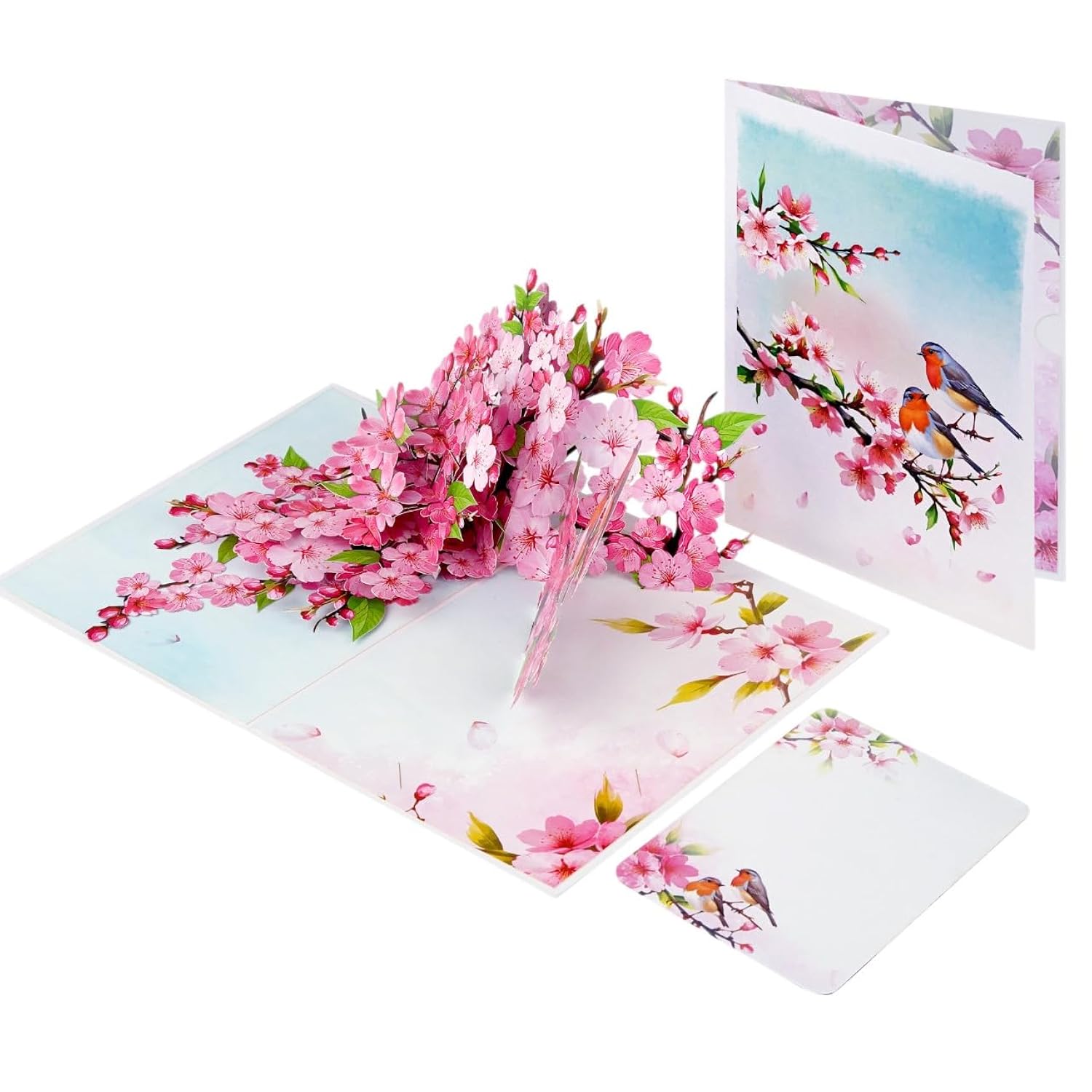 Cherry Blossom 3D Pop-Up Card – 6" X 8" Nature-Inspired Greeting With Robins And Pink Flowers – With Notecard – Ideal For Mother’S Day Thinking Of You Birthday And Love Occasions