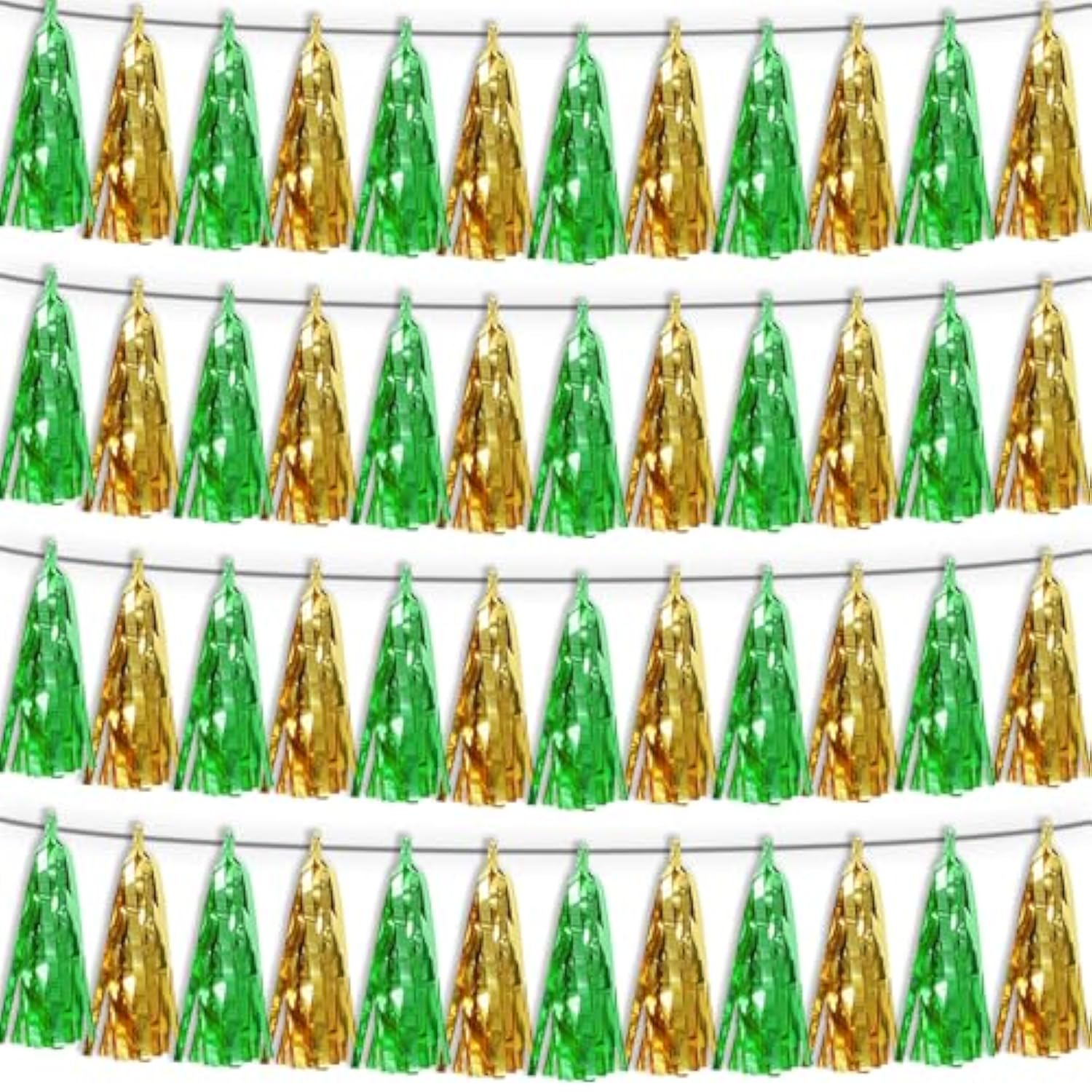 4P Sage-Green Gold Tassel Banner Garland Metallic Foil Fringe Banner Tinsel Tassels Streamer Banner Backdrop For Parade Floats, Graduation Decorations, Woodland Party Decoration