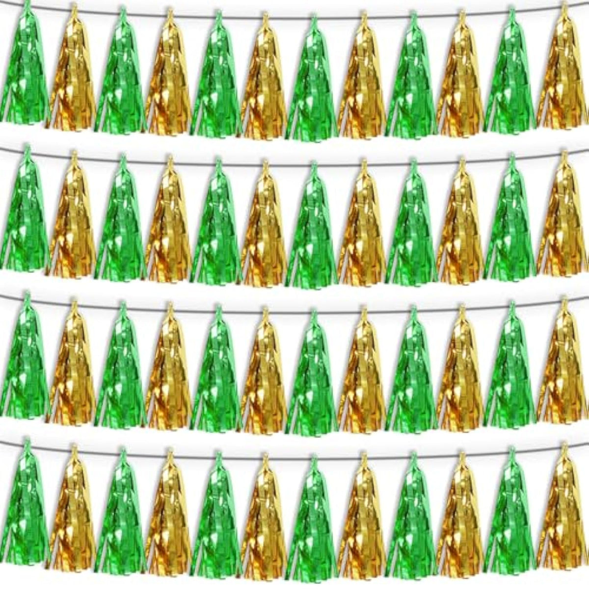 4P Sage-Green Gold Tassel Banner Garland Metallic Foil Fringe Banner Tinsel Tassels Streamer Banner Backdrop For Parade Floats, Graduation Decorations, Woodland Party Decoration