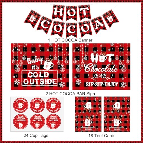 Hot Cocoa Bar Decoration Kit Snowflake Hot Cocoa Bar Banner Christmas Hot Chocolate Bar table signs Toppings Labels Cup Stickers for Winter Birthday Christmas, New Year Decoration
