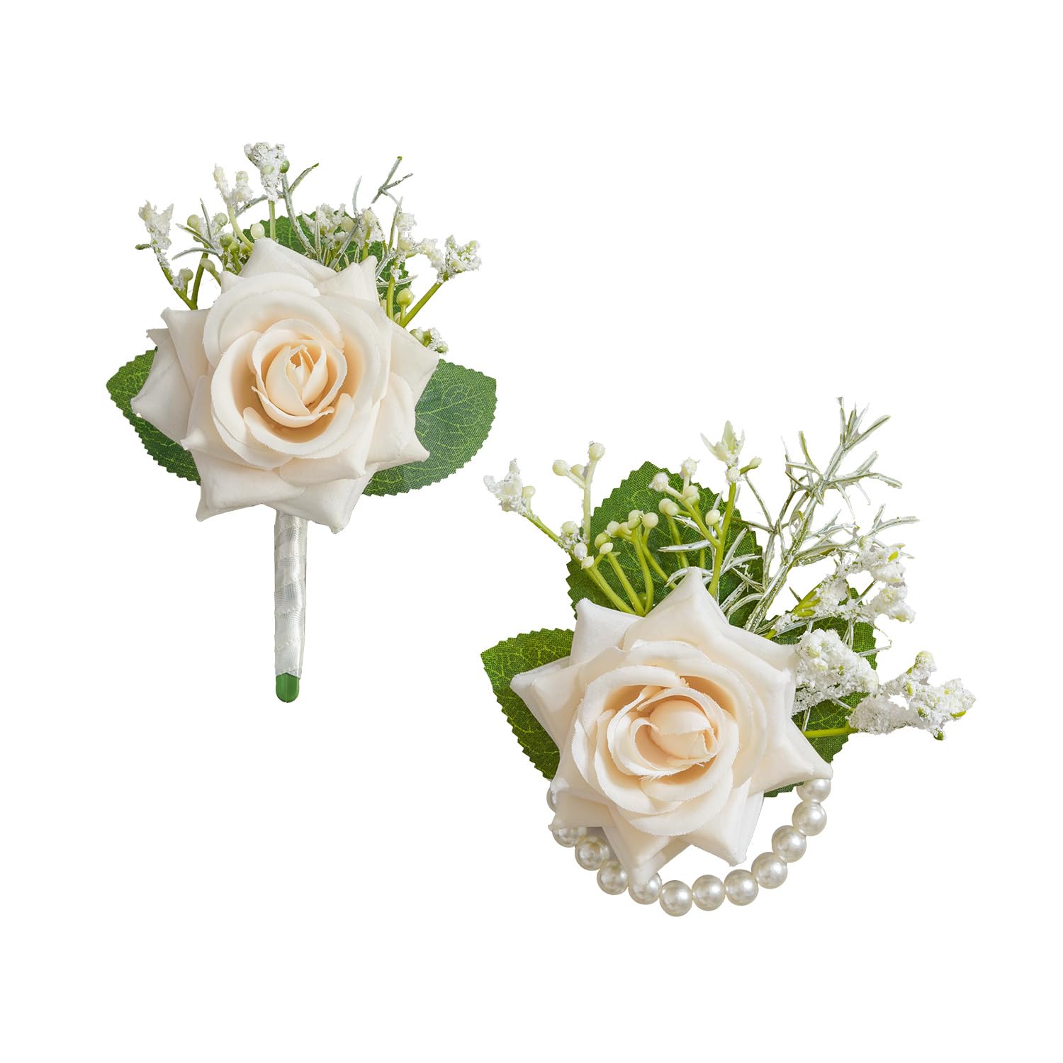 Champagne Corsage And Boutonniere Set, Rose Boutonniere For Men Wedding, Prom Artificial Flower Wrist Corsage Bracelets, Homecoming Corsage Wristlet, Flowers Accessories Prom Suit Decorations