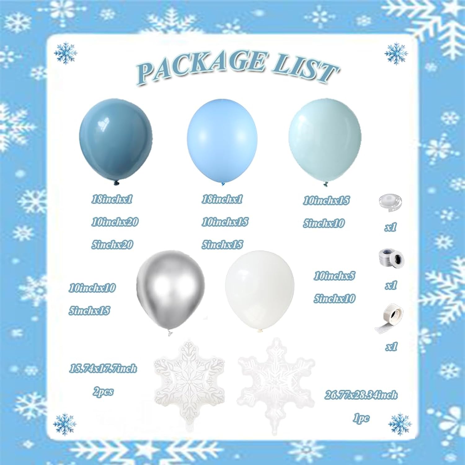 144Pcs Winter Wonderland Balloon Garland Arch Kit, Blue White Metallic Silver Latex Balloons With Snowflake Foil Balloons For Christmas Holiday Snow Princess Baby Shower Birthday Decorations