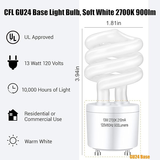 GU24 CFL Light Bulbs T3 Spiral 13W 60W Equivalent 2700K Soft White 900 Lumens UL Approved 4 Pack
