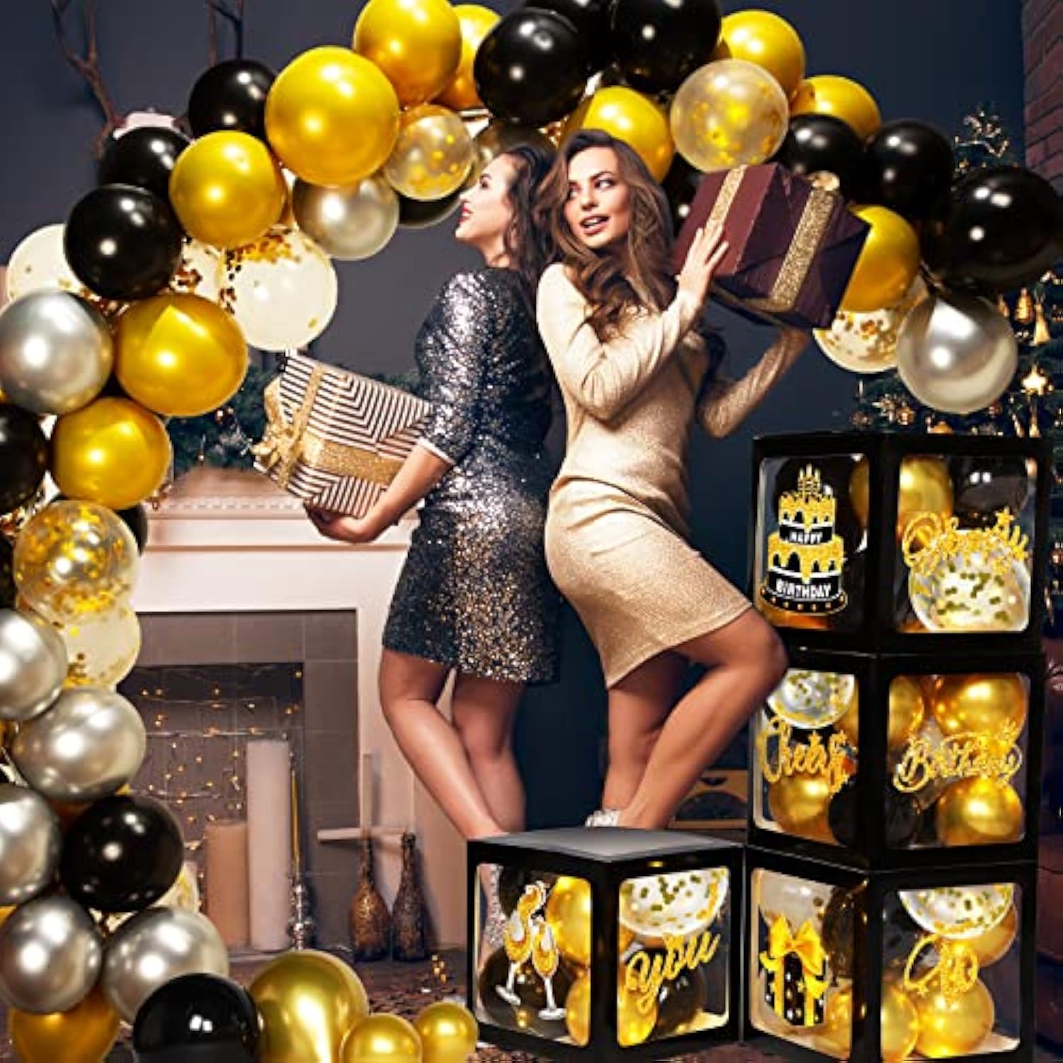 51 Pcs Gold And Black Birthday Party Decorations For Men Women Black And Gold Birthday Balloon Boxes With Led Light And Stickers Backdrop Photo Props For Party Supply Balloon Arch Kit
