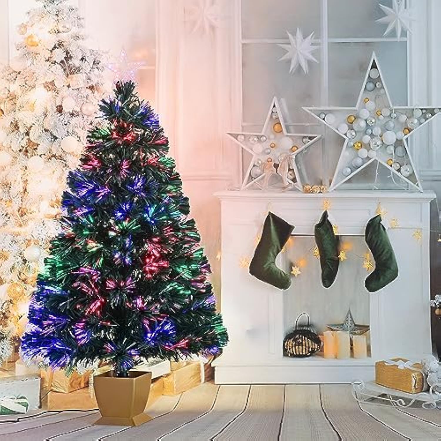 3Ft Green Fiber Optic Christmas Tree,Pre-Lit Artificial Mini Christmas Tree, Tabletop Small Xmas Tree With Stars Holiday Home Decorations