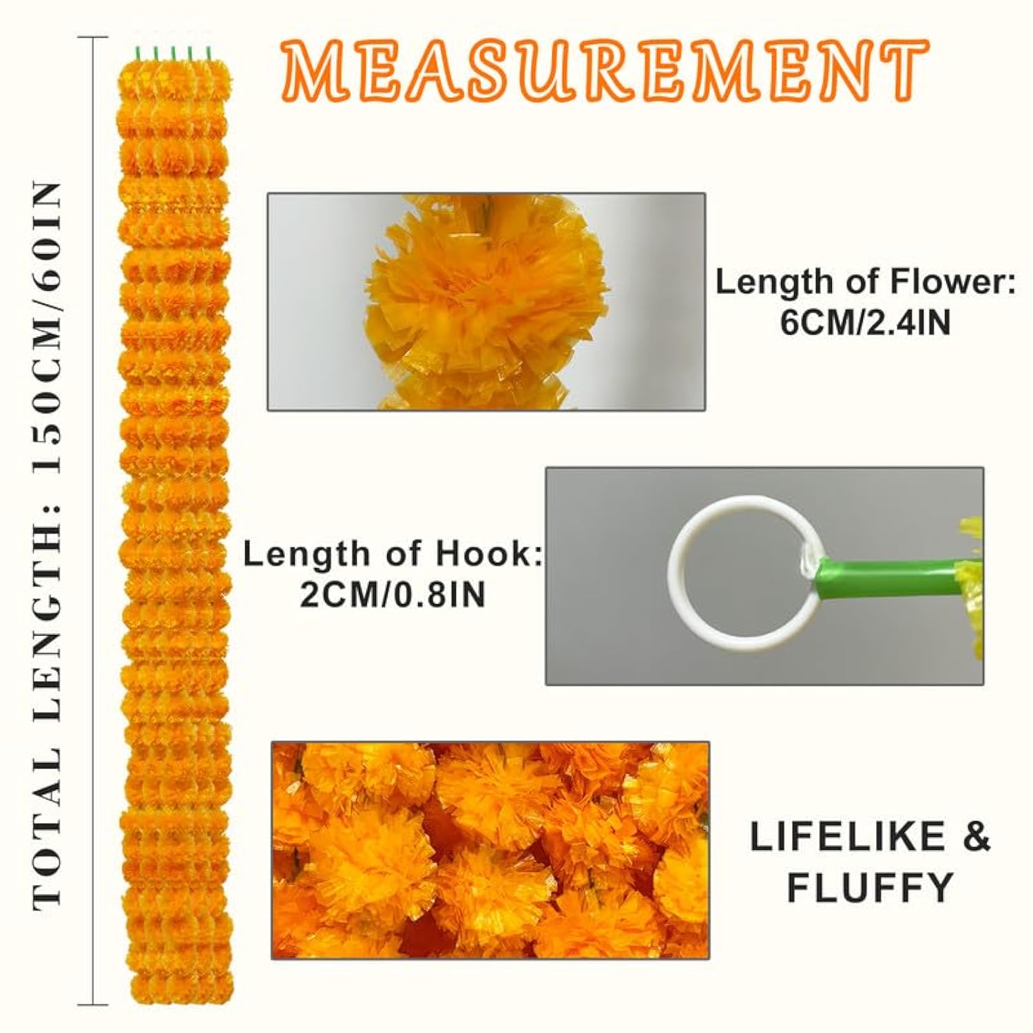 Artificial Marigold Garland, Golden Yellow 5 Feet Long Faux Flowers For Dia De Los Muertos Decorations, Pooja, Diwali, Indian Decor (4 Pieces,Orange)