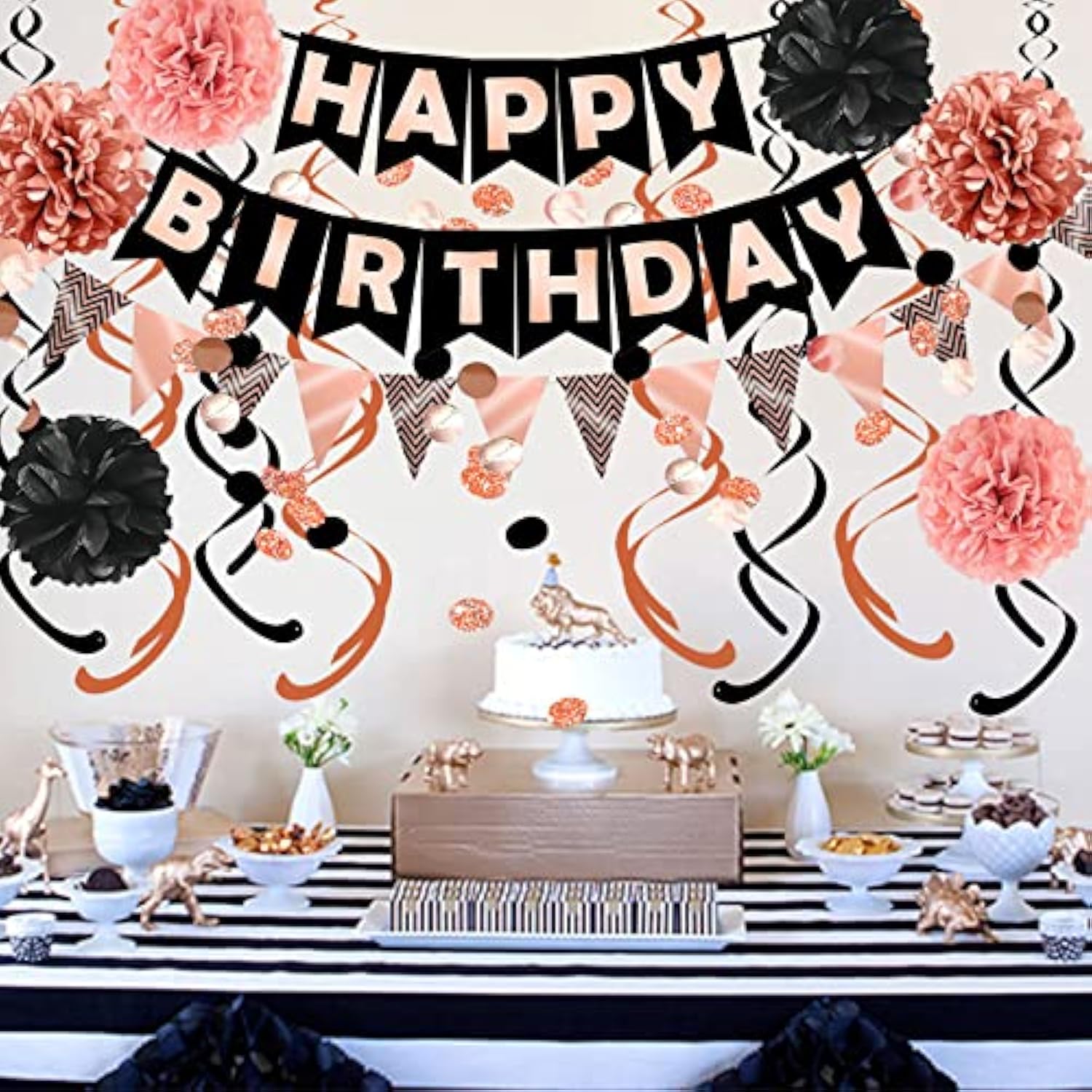 Rose Gold Black Theme Happy Birthday Banner Flag Bunting Paper Circle Confetti Garland Swirl Streamers Honeycomb Ball For Birthday Party Decoration