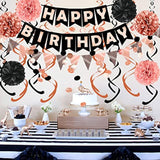 Rose Gold Black Theme Happy Birthday Banner Flag Bunting Paper Circle Confetti Garland Swirl Streamers Honeycomb Ball For Birthday Party Decoration