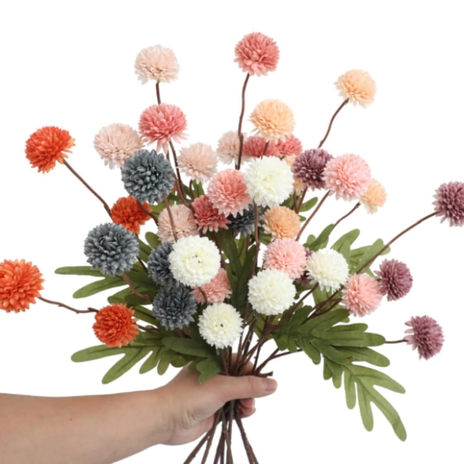 Pompon Mum Artificial Flower, 8 Pcs Faux Flowers Mini Ball Chrysanth With Stems Kiku Flower Home Decor, Fake Silk Flowers For Diy Bouquet Centerpieces Office Wedding Decoration (White)