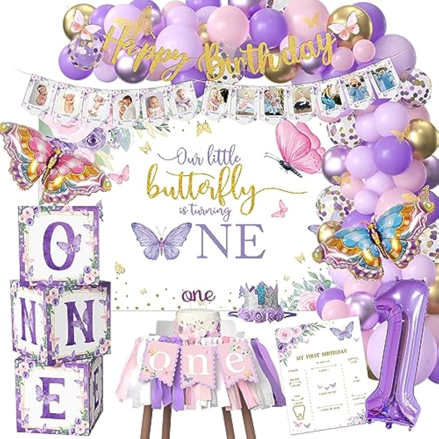 Butterfly First Birthday Decorations Girl - Butterfly 1St Birthday Party Supplies, Include Balloon Arch, Backdrop, Balloon Box, Highchair Banner, Hat, Photo Banner