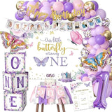 Butterfly First Birthday Decorations Girl - Butterfly 1St Birthday Party Supplies, Include Balloon Arch, Backdrop, Balloon Box, Highchair Banner, Hat, Photo Banner