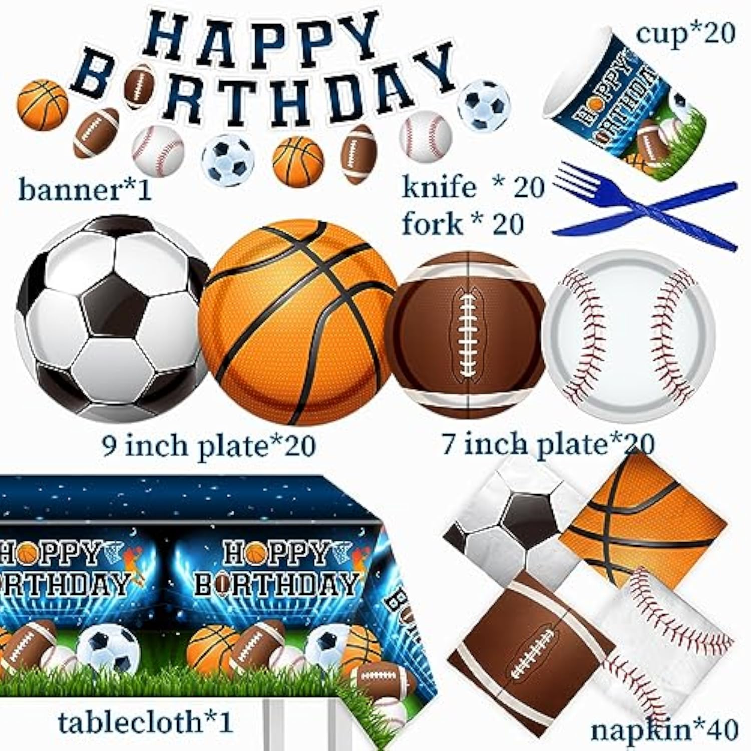 Sports Party Supplies for 20 – 142PCS All-Star Theme Plates, Napkins & Tableware Set
