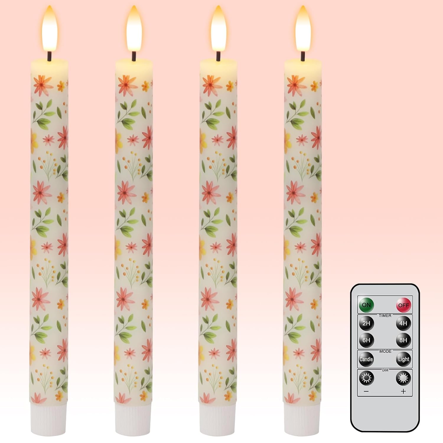 Flameless Taper Candles With Remote, 4 Pcs Spring Led Taper Candles Battery Operated, Real Wax Flameless Candlesticks With Flowers Decals For Spring Wedding Home Decor(0.75” X 9.65”)