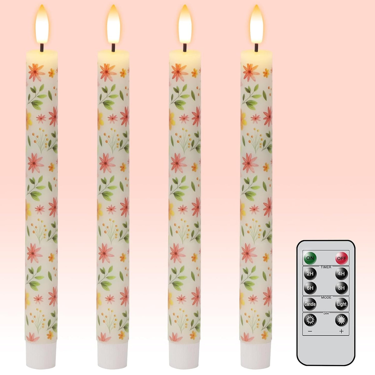 Flameless Taper Candles With Remote, 4 Pcs Spring Led Taper Candles Battery Operated, Real Wax Flameless Candlesticks With Flowers Decals For Spring Wedding Home Decor(0.75” X 9.65”)