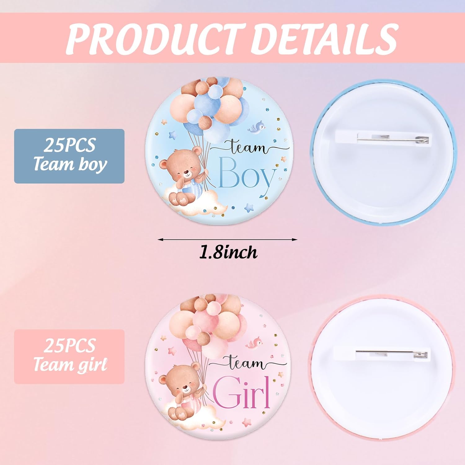 50 Pcs Bear Balloon Gender Reveal Button Pink Blue Pins Team Girl Boy Buttons Badges For Baby Shower Party Favors Game Supplies, 1.8 In