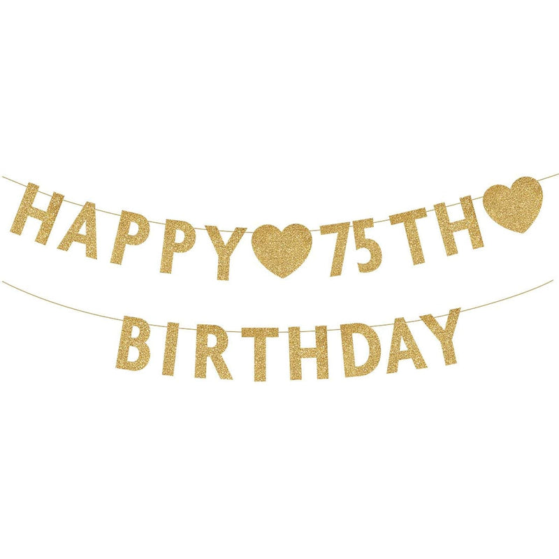 Gold Happy 75Th Birthday Banner, Glitter 75 Years Old Woman Or Man Par