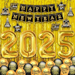 , New Years Eve Party Supplies 2025 - Huge, Set Of 32 | Gold Fringe, Black And Gold Happy New Year Banner, 2025 Balloon Numbers | New Year Foil Balloons, New Years Swirls | Nye Decorations 2025