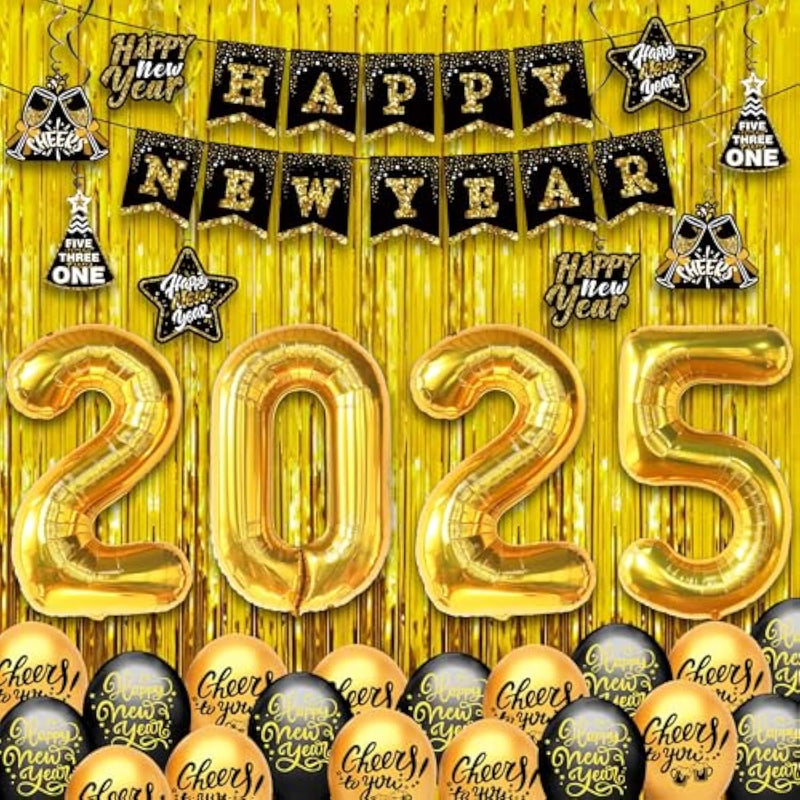 , New Years Eve Party Supplies 2025 - Huge, Set Of 32 | Gold Fringe, Black And Gold Happy New Year Banner, 2025 Balloon Numbers | New Year Foil Balloons, New Years Swirls | Nye Decorations 2025