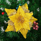 12Pcs Glitter Christmas Poinsettia Flowers 7 Inch Large Artificial Flower Ornament For Xmas Tree Wedding Birthday Festival Holiday Party Home Decoration (Gold)