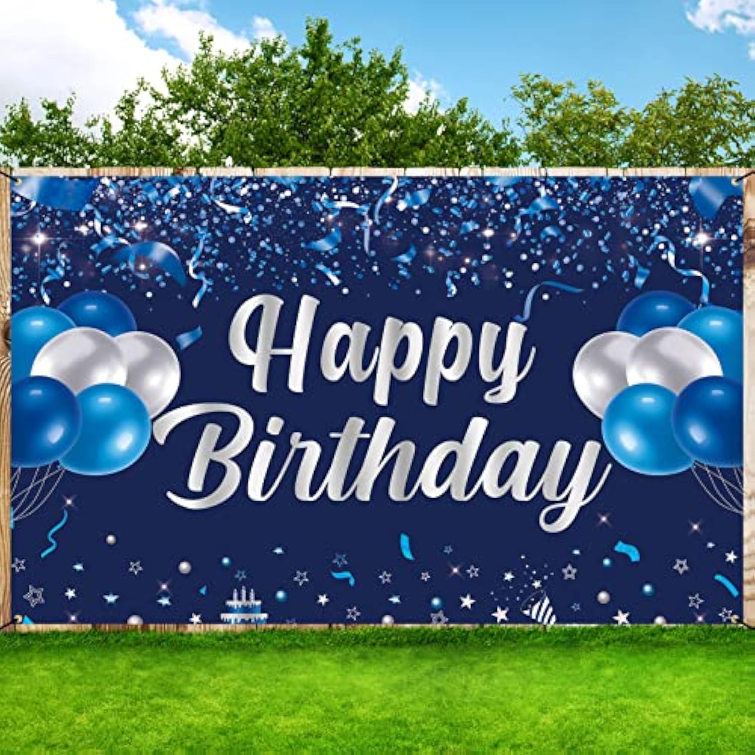 Happy Birthday Banner, Blue & Silver Birthday Party Decorations, Party Supplies For Men, Women & Kids, Photo Background Banner Decor For Indoor & Outdoor