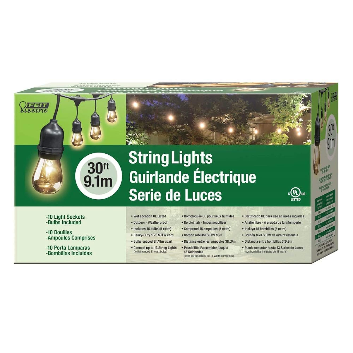 Feit Electric 72041 30 Foot Heavy-Duty Weather Resistant Decorative Indoor and Outdoor 10 Sockets Incandescent String Lights, 30', 11W, Dimmable,Black