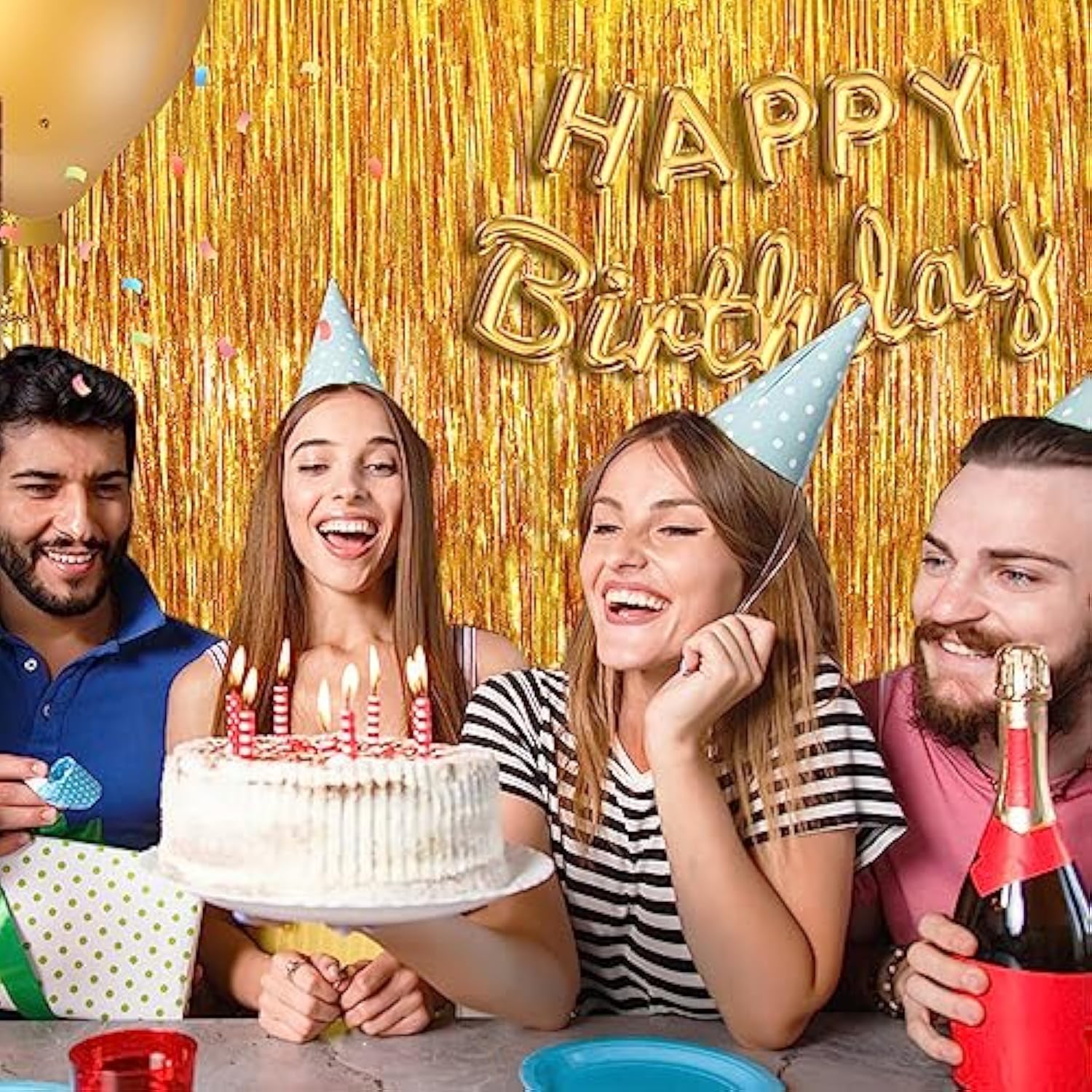 2 Pack Gold Tinsel Streamers 3.3x8.3ft Fringe Backdrop for Party Decor