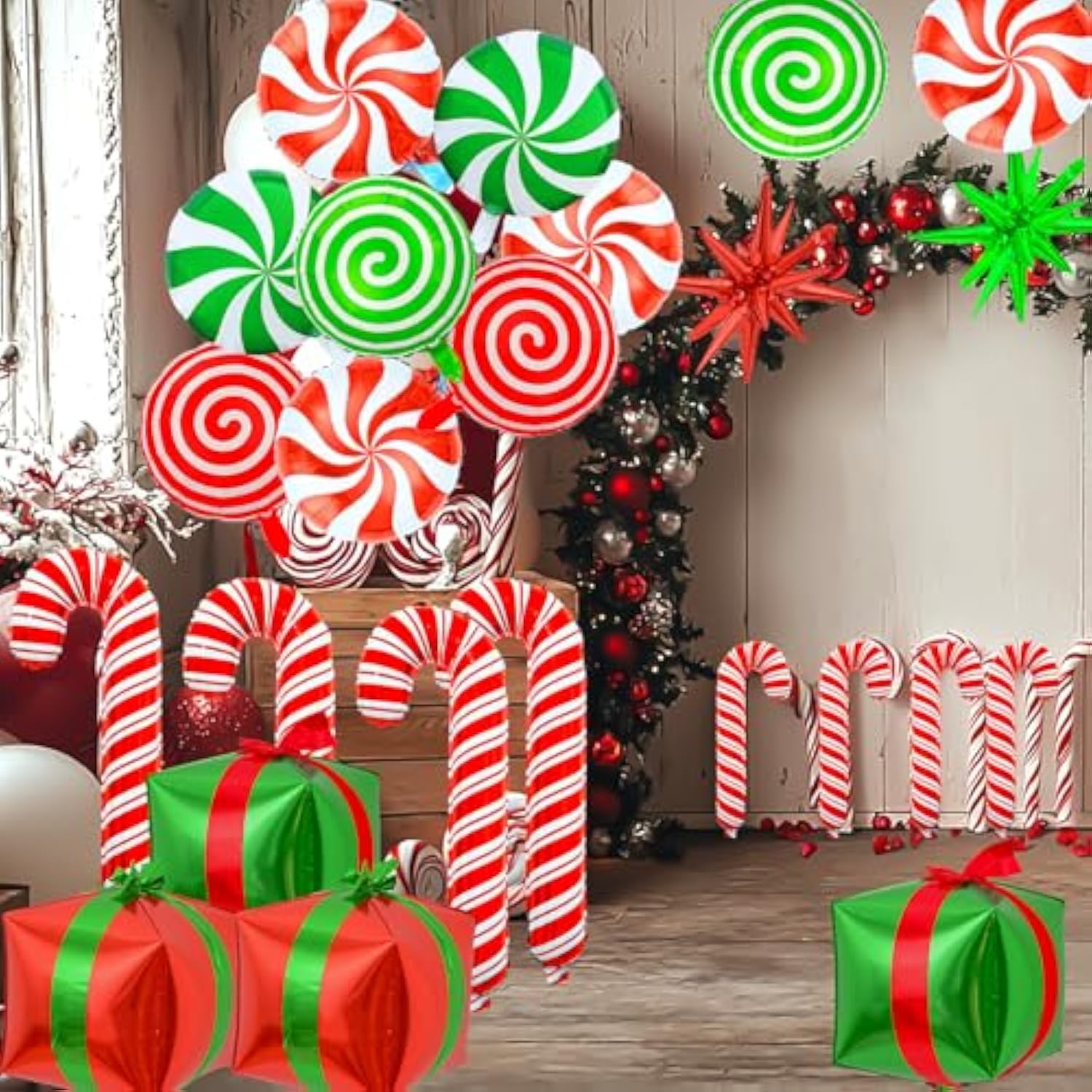 Christmas Foil Balloons 30Pcs, Large Red Green Candy Cane Swirl Balloons Kit For Christmas Party Birthday Decorations, Mylar Balloon Arch Set With Ribbons, Easy To Inflate & Hang