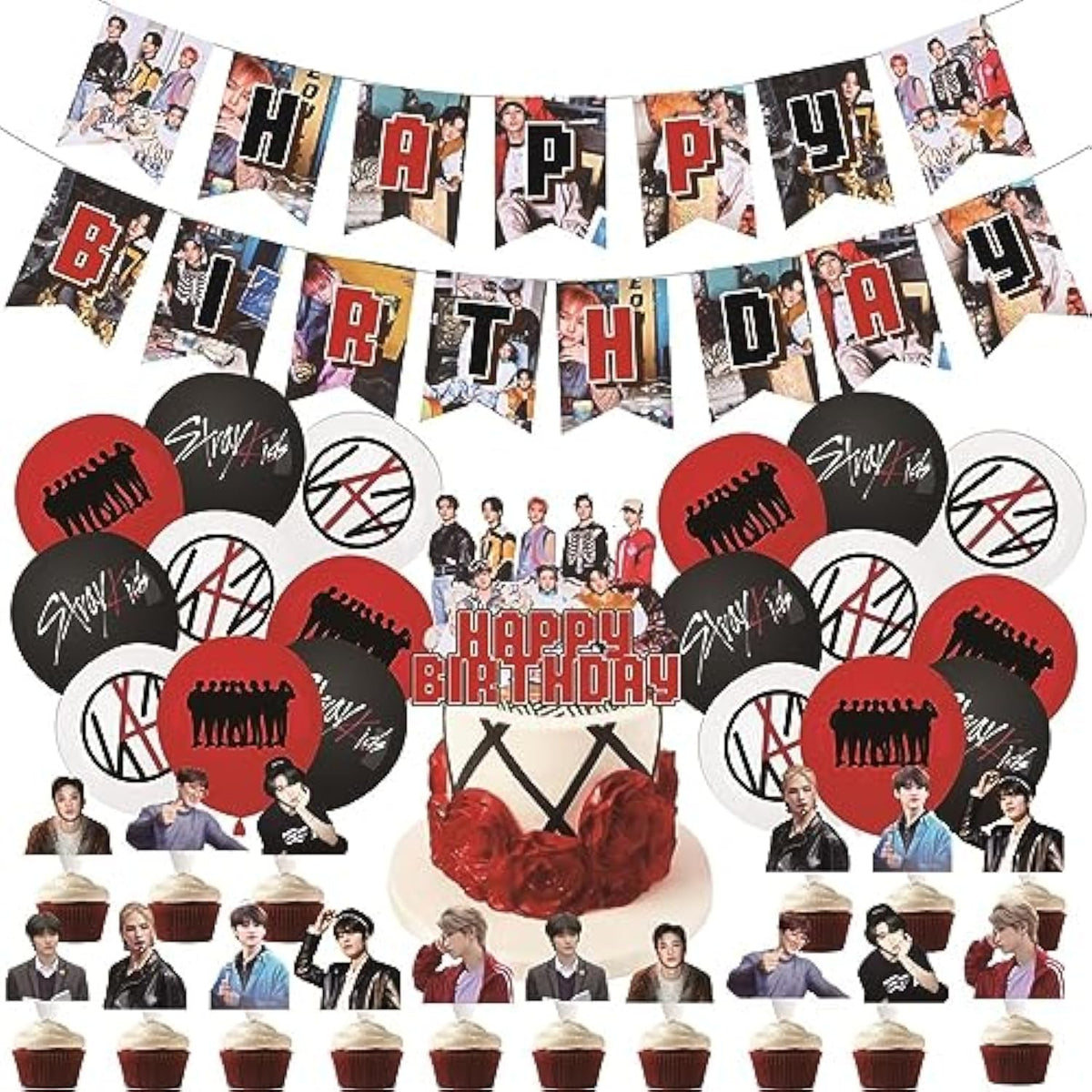 Stray Kids Merch 5 Star Party Decorations Include Happy Birthday Banners, Cake Toppers, Cupcake Toppers, Balloons