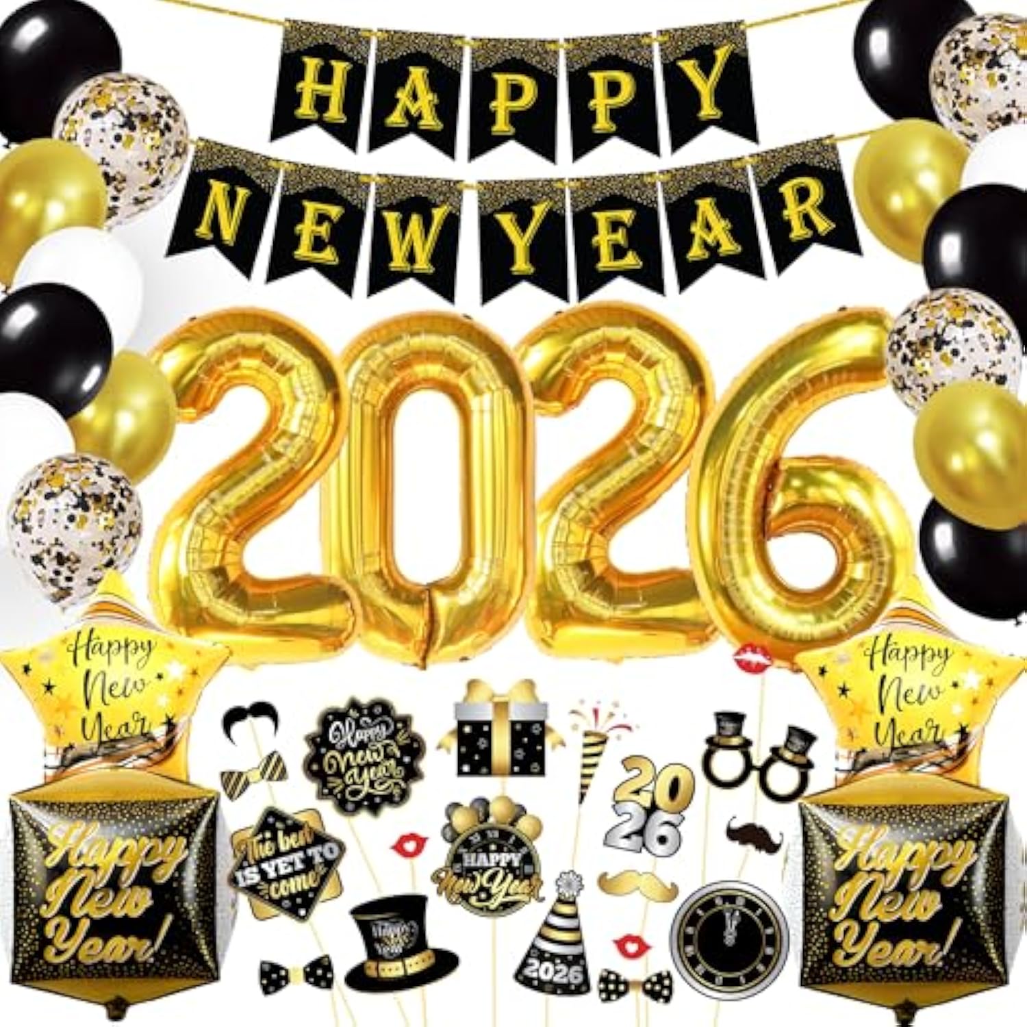 76Pc New Year 2026 Party Set Black Gold Balloons Banner Photo Props