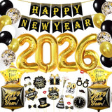 76Pc New Year 2026 Party Set Black Gold Balloons Banner Photo Props