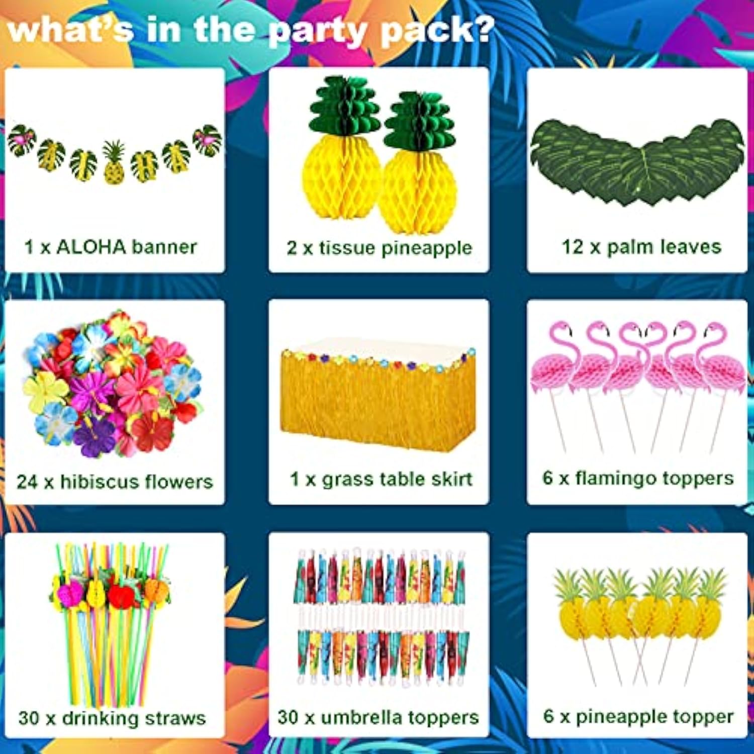 Tropical Luau Party Decoration Pack Hawaiian Beach Theme Party Favors Luau Party Supplies (112 Pcs) Including Banner, Table Skirt, Straws, Flamingo, Pineapple Décors.