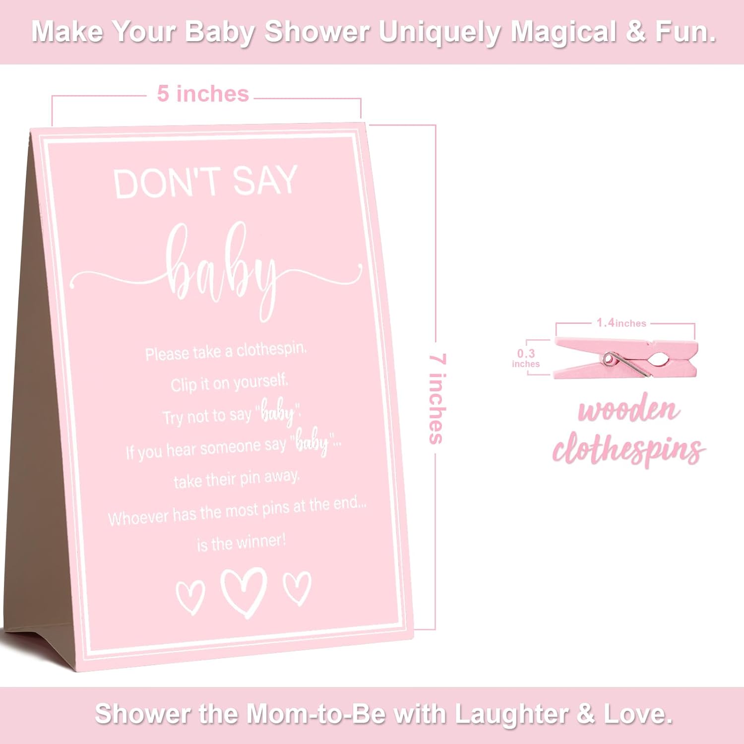 Baby Shower Games For Girl, Don'T Say Baby Game,1 Sign And 52 Mini Pink Clothes Pins, Baby Shower Clothespin Game (Don'T Say Baby Pink)