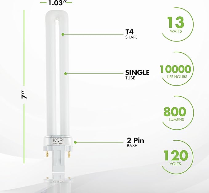 13W CFL Light Bulbs GX23 2-Pin Base 5000K Bright White Single Tube Replacement 4 Pack