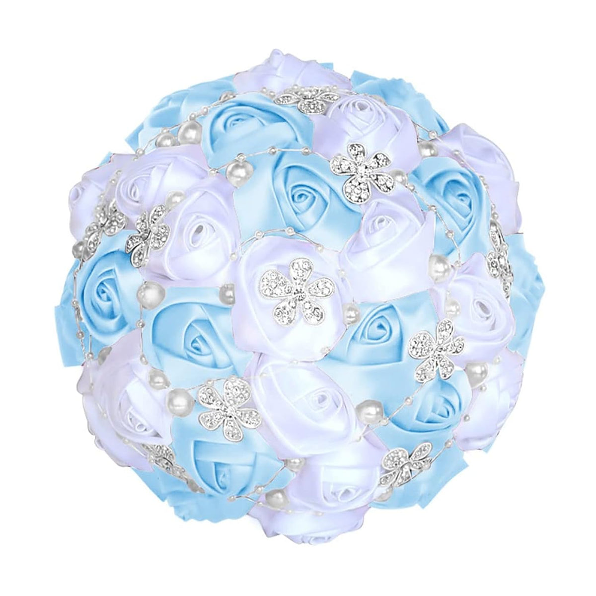 5.9 Inch Handmade Satin Rose Bridal Bouquet Toss Round Wedding Bouquet Throw Toss Artificial Flower Bunch Light Blue + White