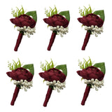 6 Pieces/Lot Groom Boutonniere Man Buttonholes Diy Wedding Artificial False Flowers Party Decoration (Wine Red)
