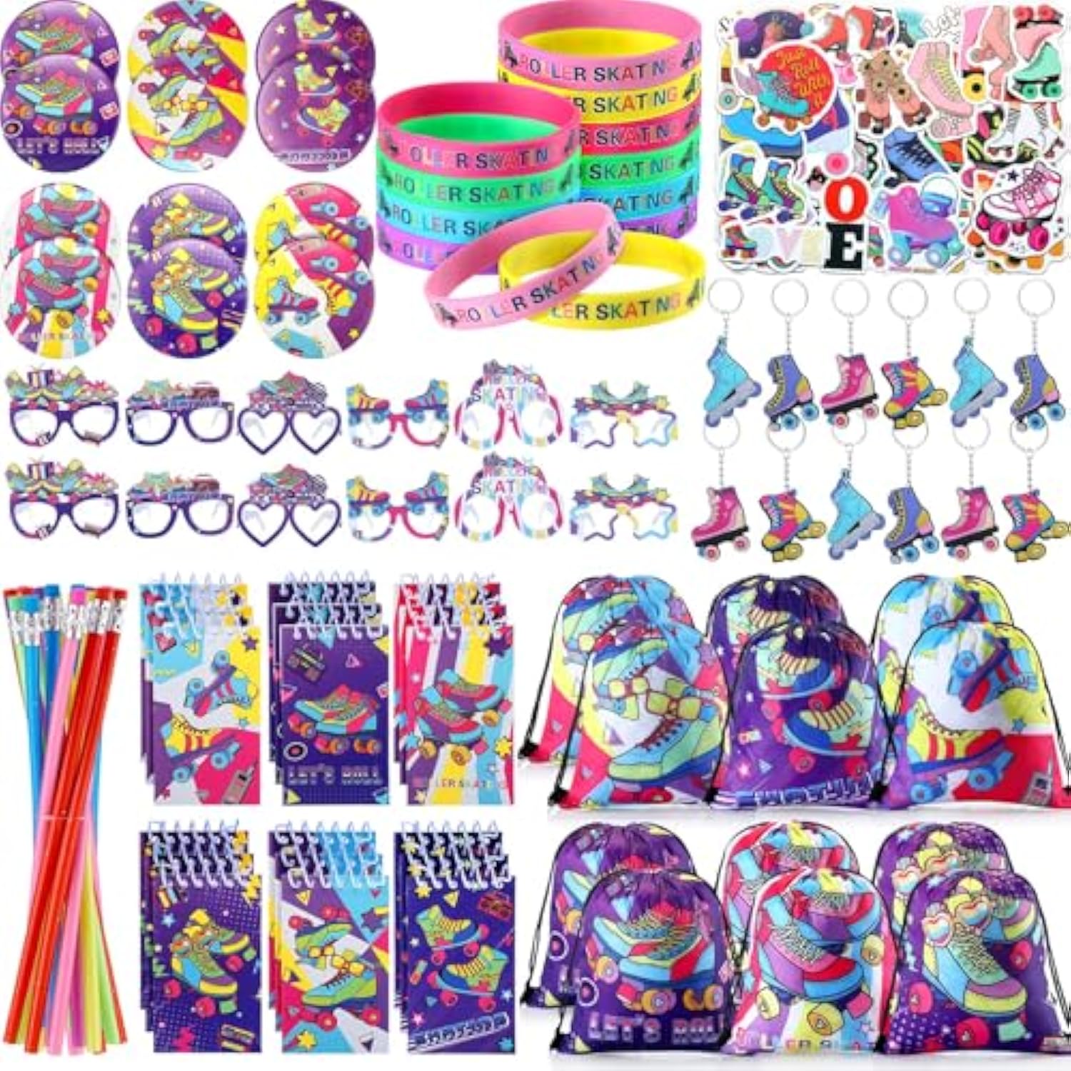 140 Pcs Roller Skate Party Favors Includes 12 Drawstring Backpacks 12 Silicone Wristbands 12 Badges 12 Keychains 18 Notepads 12 Pencils 12 Slap Bracelets 50 Stickers For Retro Hip Hop Party